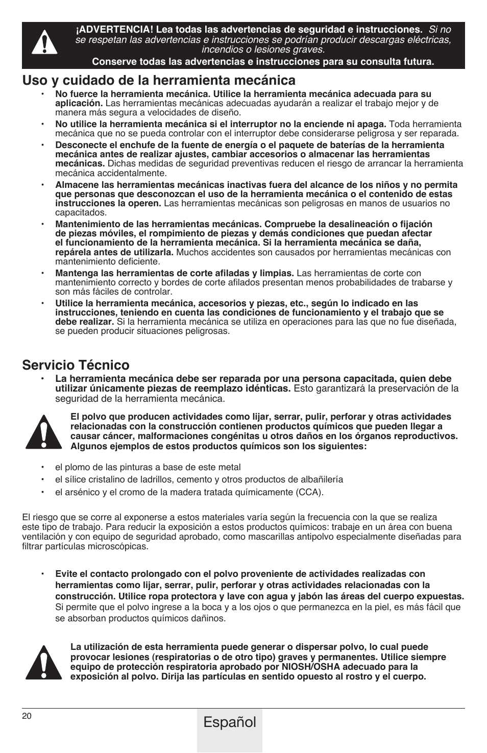 Español, Uso y cuidado de la herramienta mecánica, Servicio técnico | Wagner PaintEater User Manual | Page 20 / 28