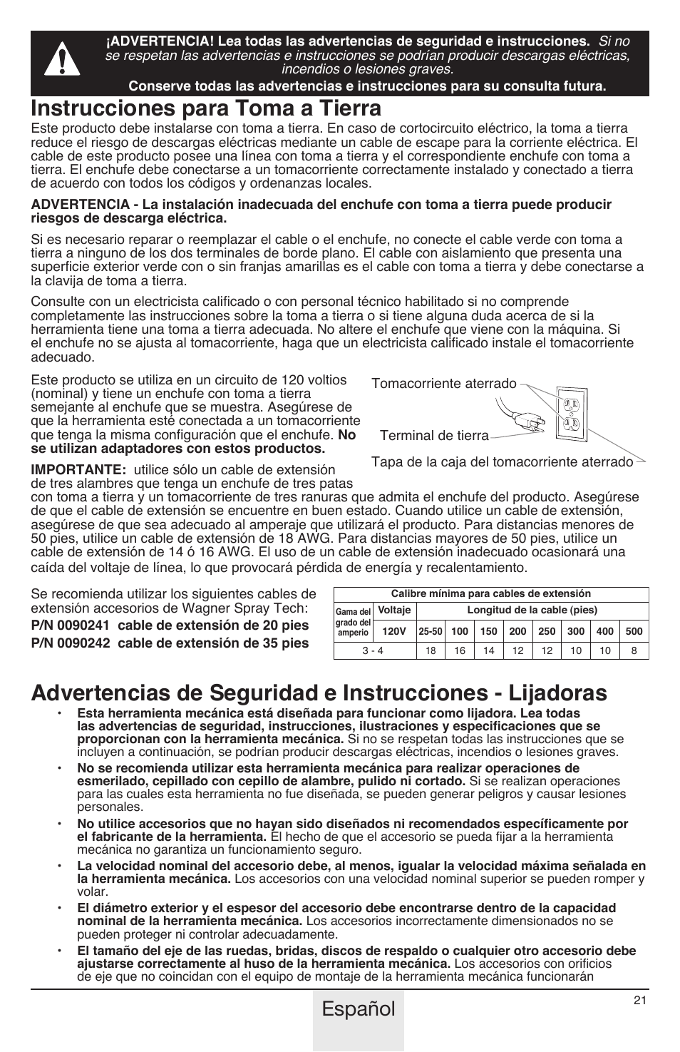 Instrucciones para toma a tierra, Español | Wagner PaintEater User Manual | Page 21 / 28