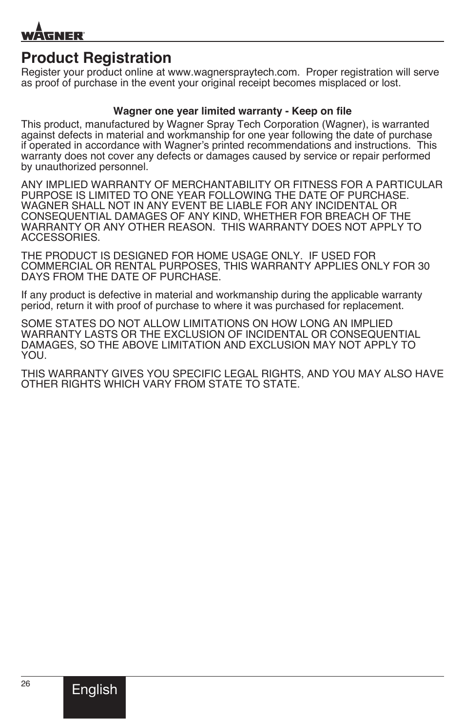 Product registration, English | Wagner PaintEater User Manual | Page 26 / 28