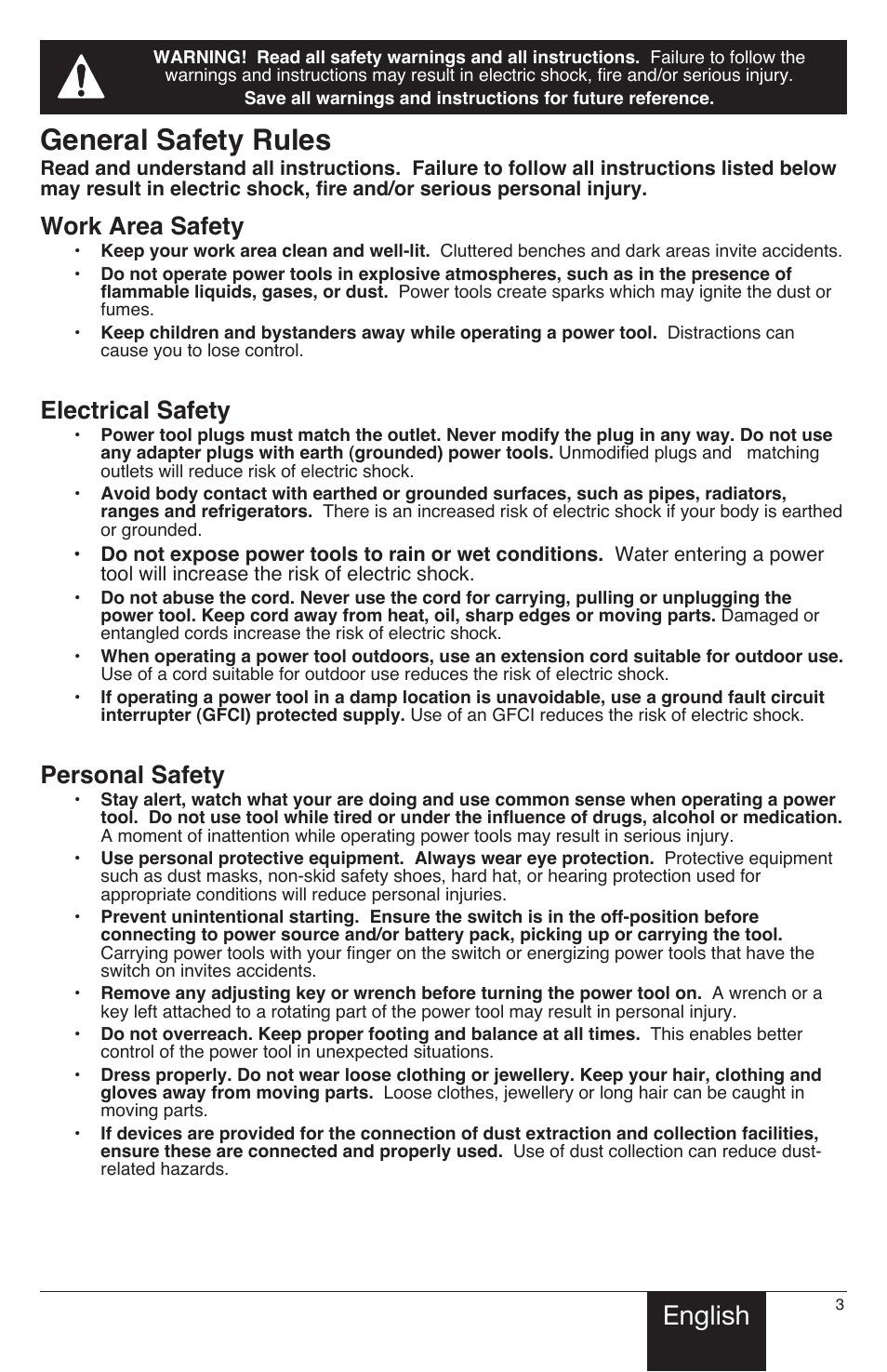 General safety rules, English, Work area safety | Electrical safety, Personal safety | Wagner PaintEater User Manual | Page 3 / 28