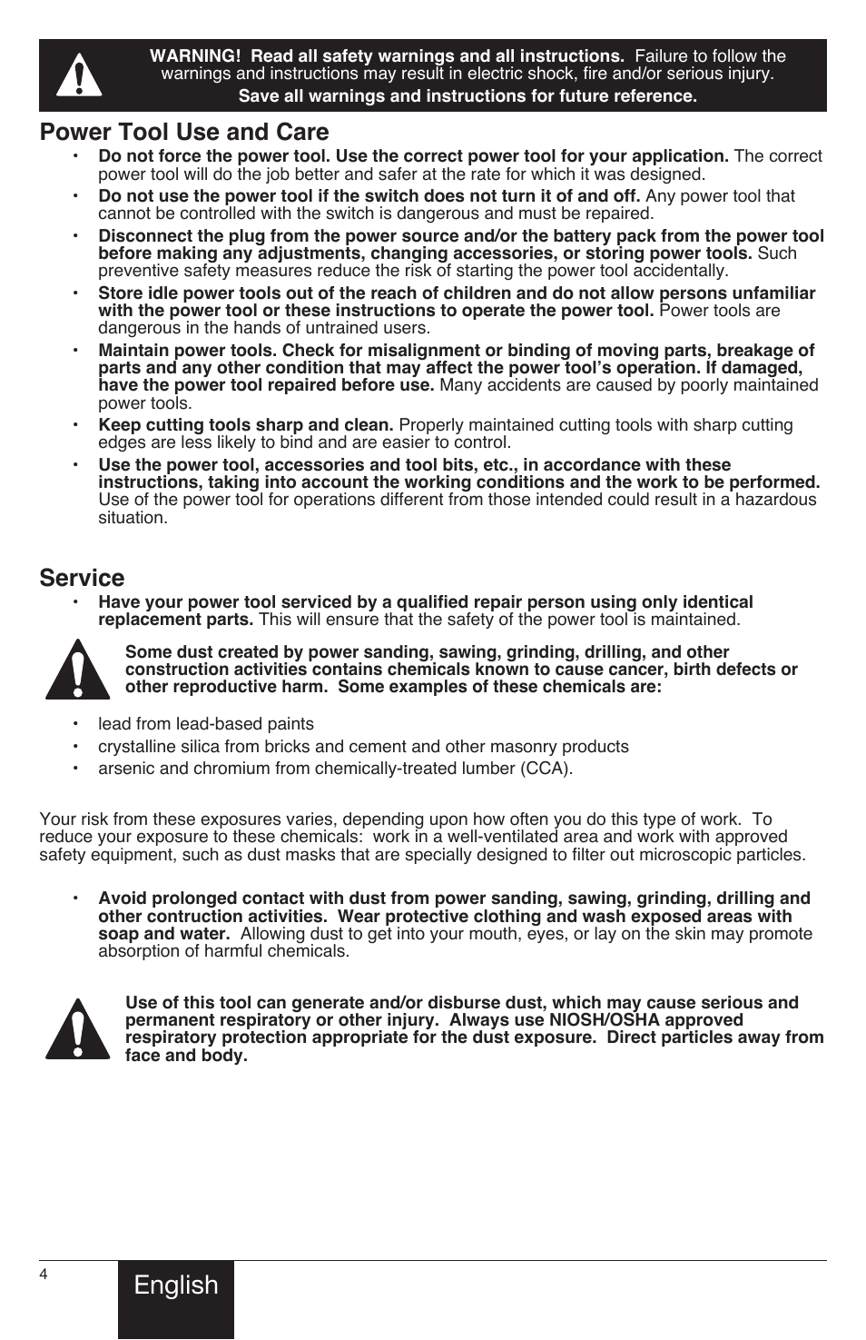 English, Power tool use and care, Service | Wagner PaintEater User Manual | Page 4 / 28