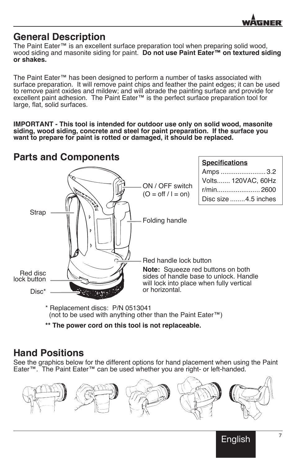 General description, Parts and components, Hand positions | English | Wagner PaintEater User Manual | Page 7 / 28