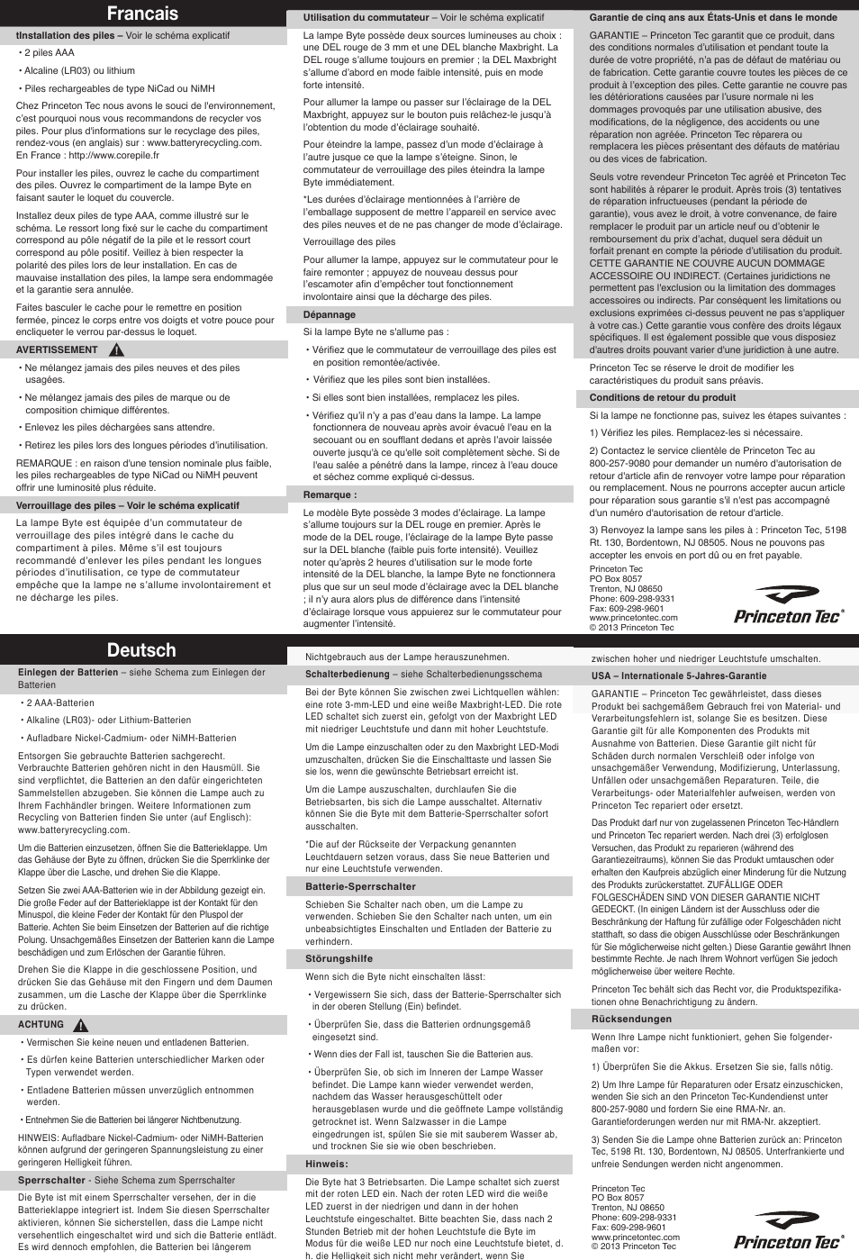 Francais, Deutsch | Princeton Tec BYTE User Manual | Page 2 / 2