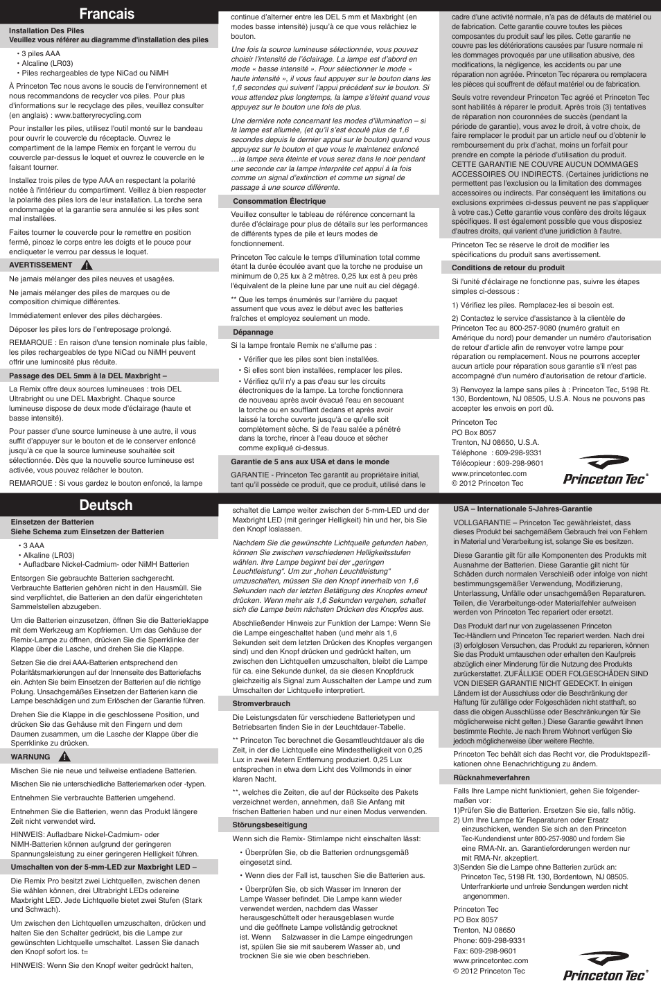 Francais deutsch | Princeton Tec REMIX User Manual | Page 2 / 3