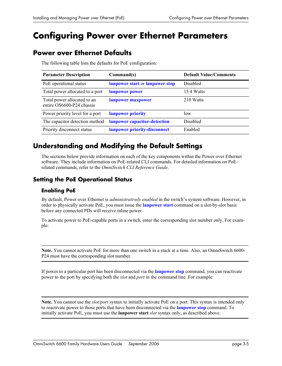 Configuring power over ethernet parameters, Power over ethernet defaults, Understanding and modifying the default settings | Setting the poe operational status, Configuring power over ethernet parameters -5, Setting the poe operational status - 5, Hernet parameters on | Alcatel-Lucent Omni 6600 User Manual | Page 101 / 144