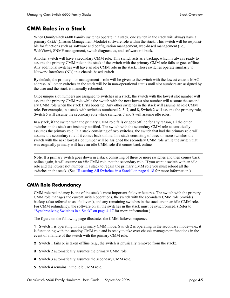 Cmm roles in a stack, Cmm role redundancy, Cmm roles in a stack -5 | Cmm role redundancy - 5 | Alcatel-Lucent Omni 6600 User Manual | Page 113 / 144