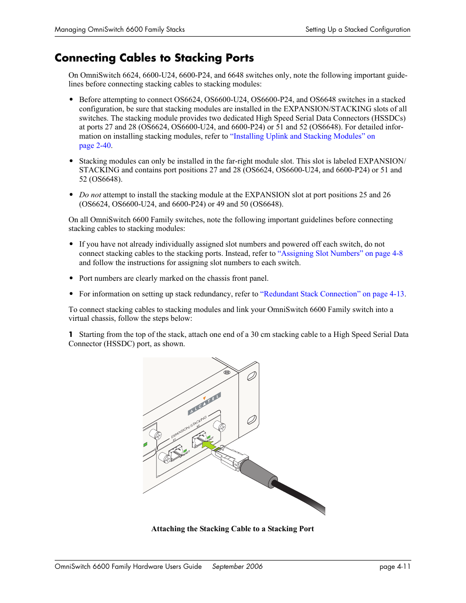 Connecting cables to stacking ports, Connecting cables to stacking ports -11 | Alcatel-Lucent Omni 6600 User Manual | Page 119 / 144