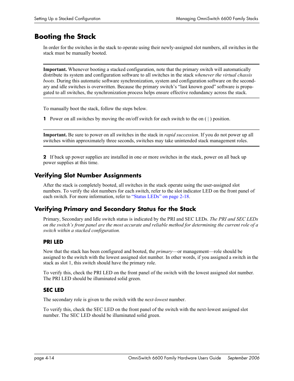 Booting the stack, Verifying slot number assignments, Booting the stack -14 | Alcatel-Lucent Omni 6600 User Manual | Page 122 / 144