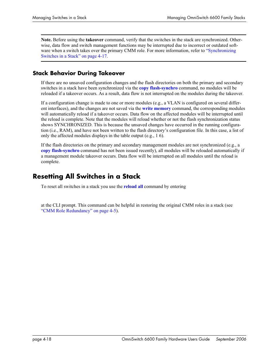 Stack behavior during takeover, Resetting all switches in a stack, Stack behavior during takeover - 18 | Resetting all switches in a stack -18, Ack. (see | Alcatel-Lucent Omni 6600 User Manual | Page 126 / 144