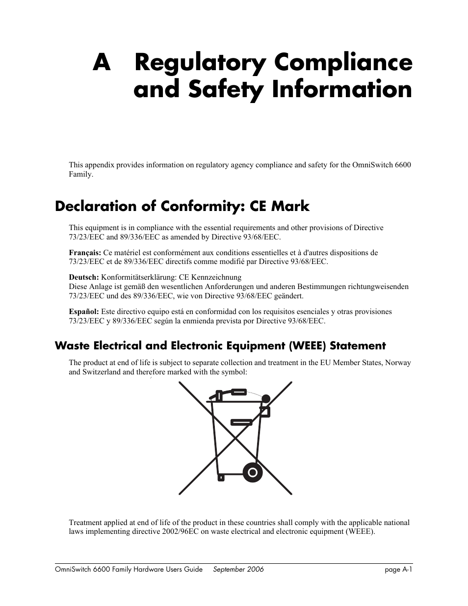 A. regulatory compliance and safety information, Declaration of conformity: ce mark, Appendix a | Regulatory compliance and safety information, A regulatory compliance and safety information | Alcatel-Lucent Omni 6600 User Manual | Page 129 / 144