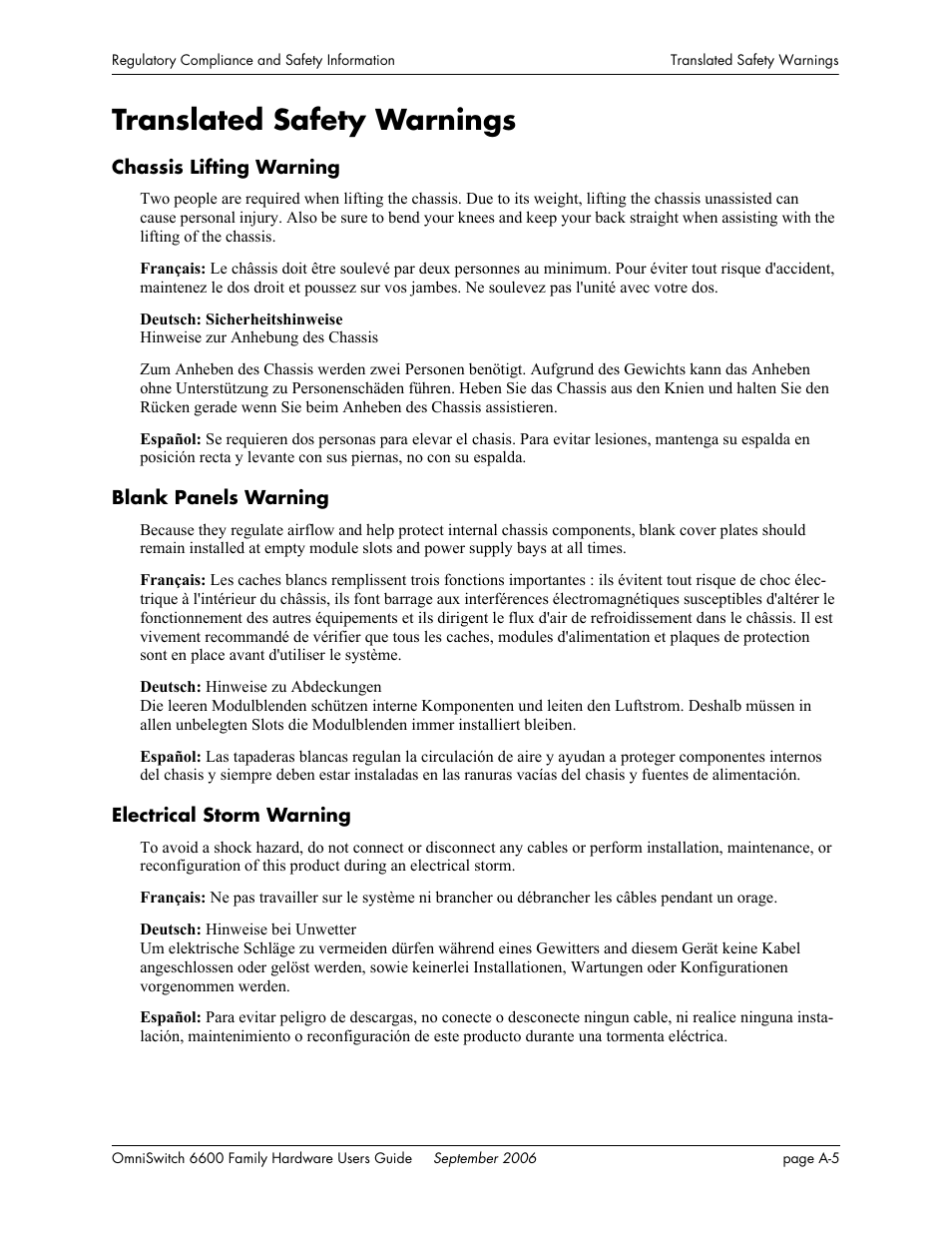 Translated safety warnings, Chassis lifting warning, Blank panels warning | Electrical storm warning | Alcatel-Lucent Omni 6600 User Manual | Page 133 / 144