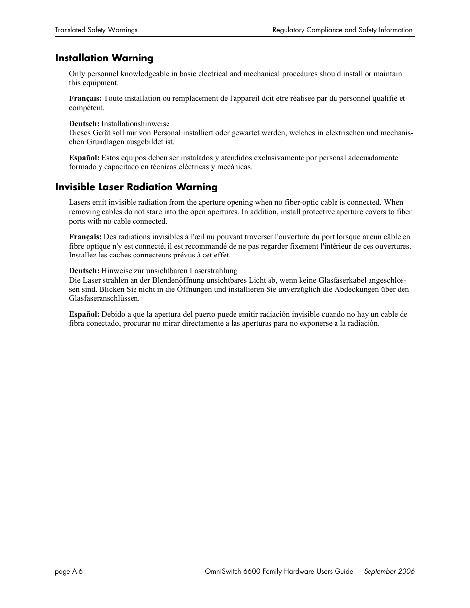 Installation warning, Invisible laser radiation warning | Alcatel-Lucent Omni 6600 User Manual | Page 134 / 144