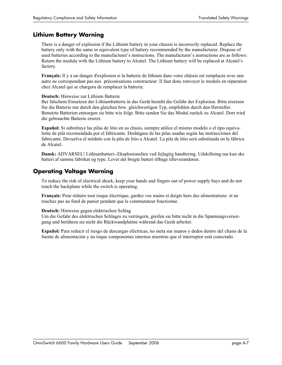 Lithium battery warning, Operating voltage warning | Alcatel-Lucent Omni 6600 User Manual | Page 135 / 144