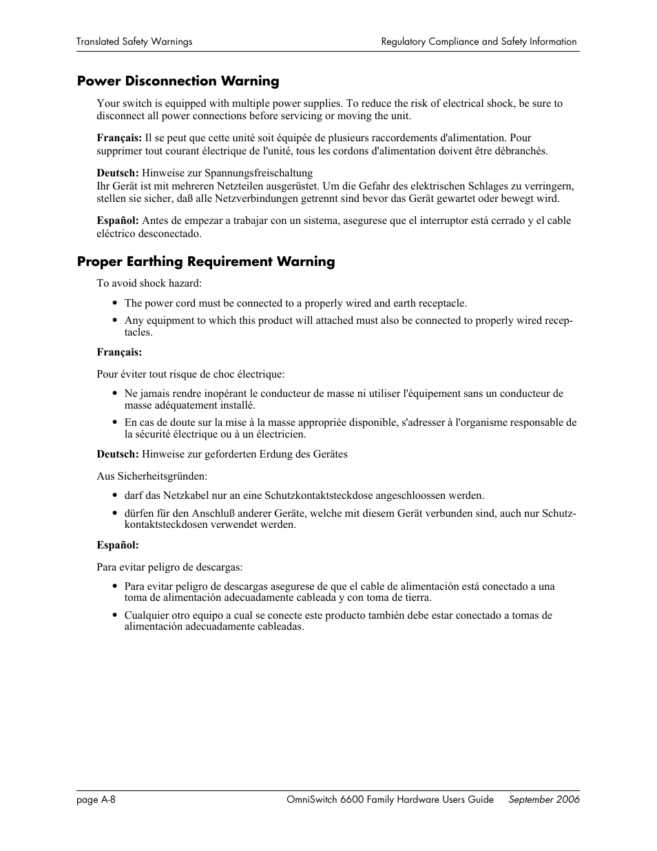 Power disconnection warning, Proper earthing requirement warning | Alcatel-Lucent Omni 6600 User Manual | Page 136 / 144