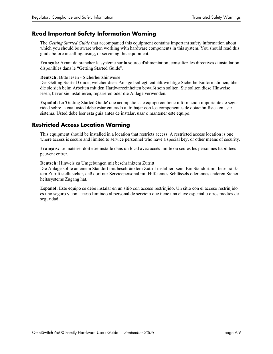 Read important safety information warning, Restricted access location warning | Alcatel-Lucent Omni 6600 User Manual | Page 137 / 144