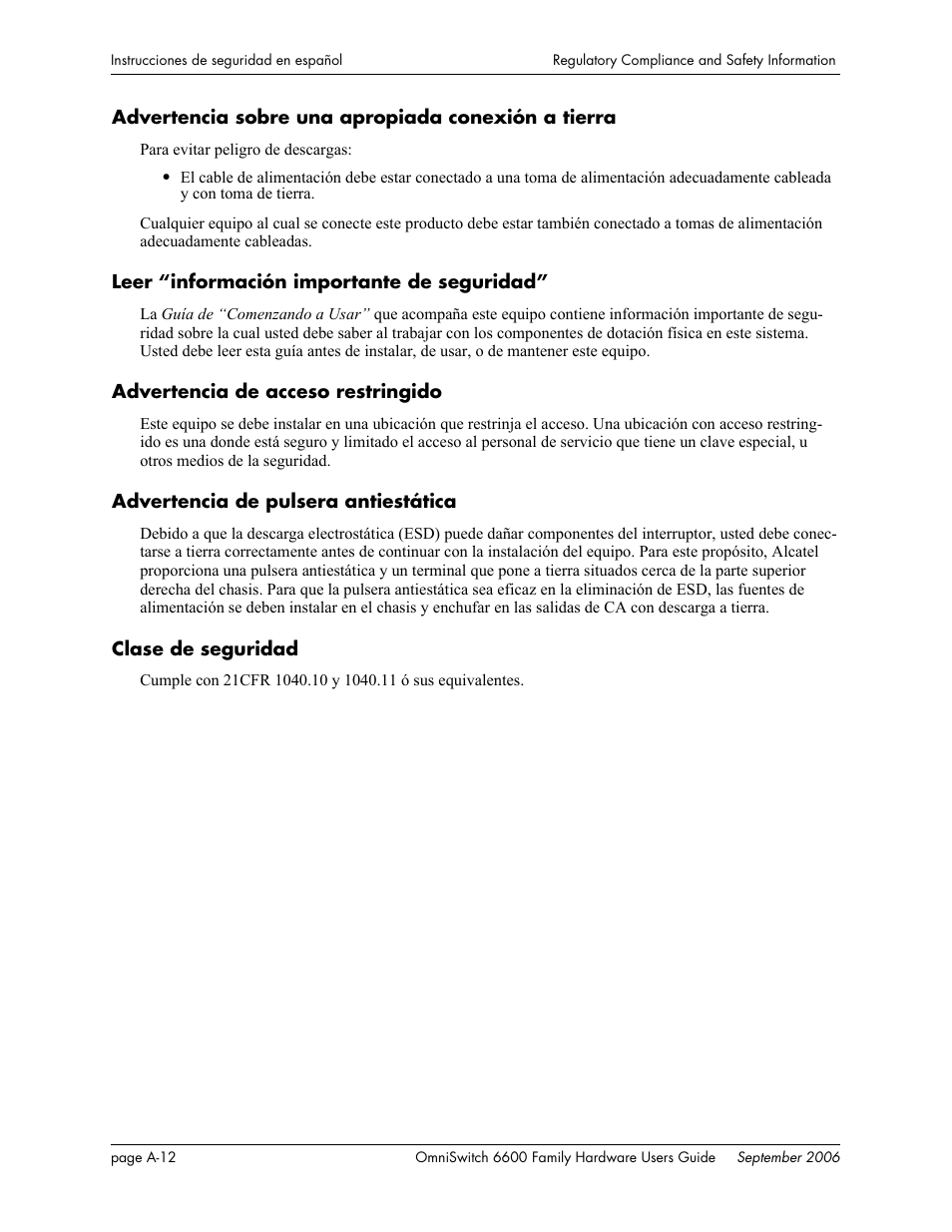 Advertencia sobre una apropiada conexión a tierra, Leer “información importante de seguridad, Advertencia de acceso restringido | Advertencia de pulsera antiestática, Clase de seguridad | Alcatel-Lucent Omni 6600 User Manual | Page 140 / 144