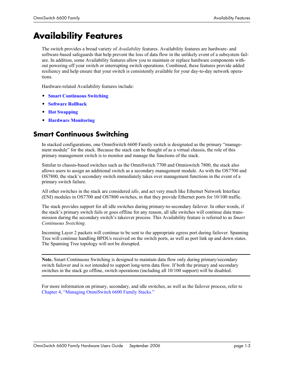 Availability features, Smart continuous switching, Availability features -3 | Smart continuous switching -3 | Alcatel-Lucent Omni 6600 User Manual | Page 19 / 144