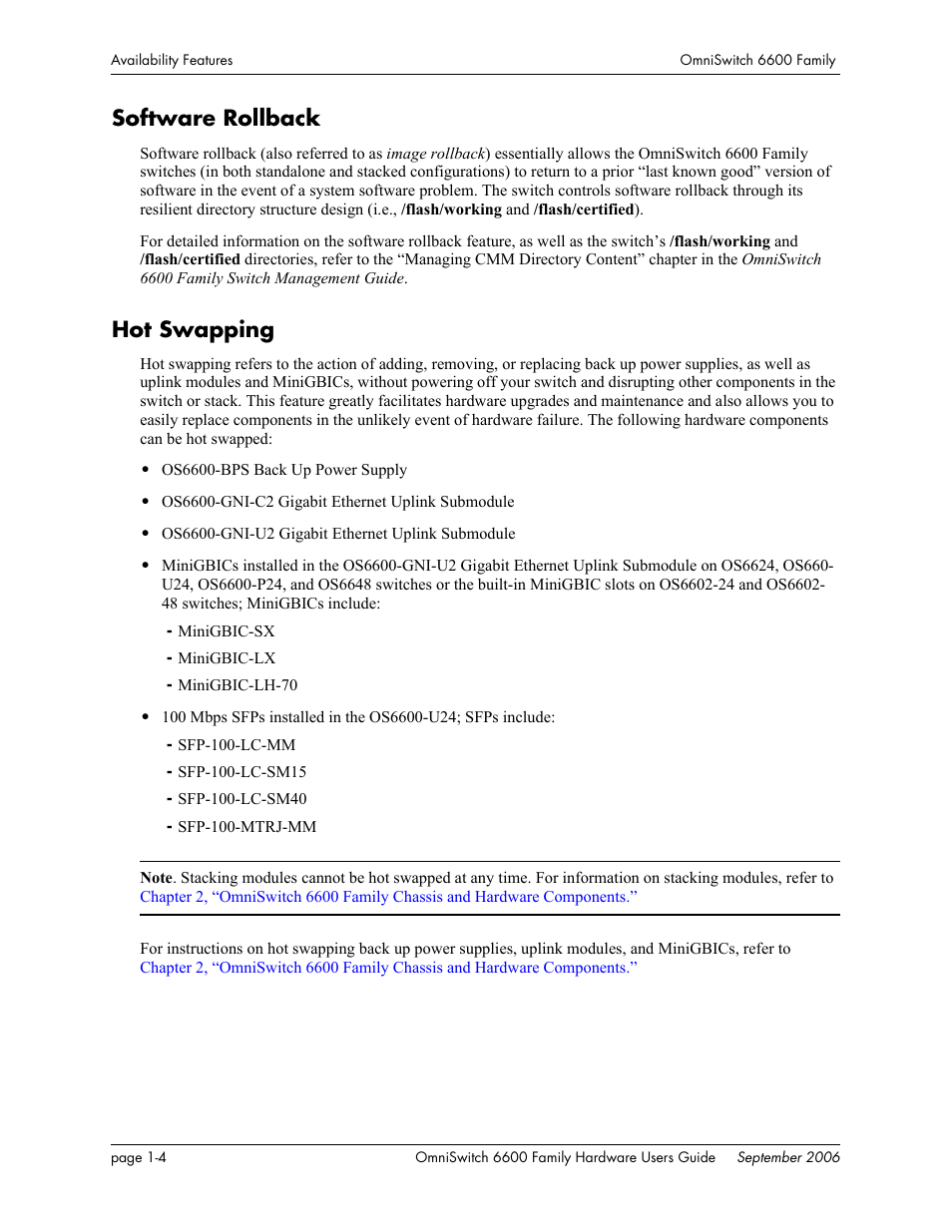 Software rollback, Hot swapping, Software rollback -4 hot swapping -4 | Alcatel-Lucent Omni 6600 User Manual | Page 20 / 144