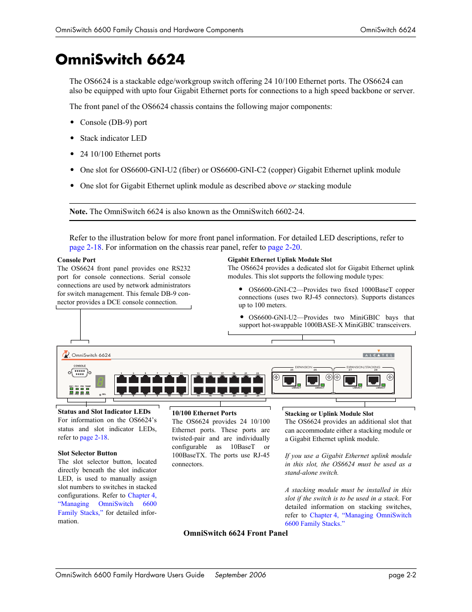 Omniswitch 6624, Omniswitch 6624 -2, Console (db-9) port | Stack indicator led | Alcatel-Lucent Omni 6600 User Manual | Page 26 / 144