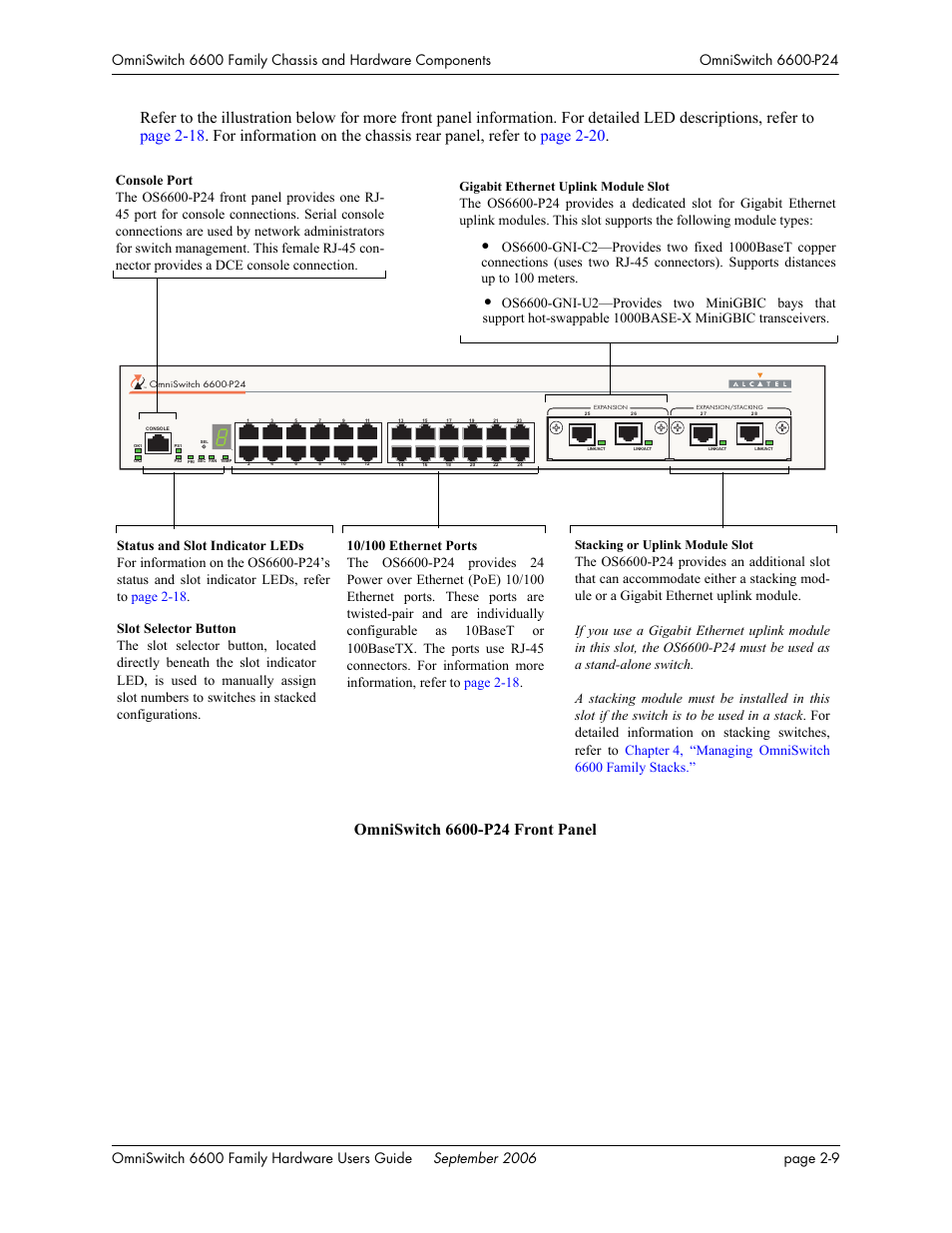 Stacking or uplink module slot, Gigabit ethernet uplink module slot | Alcatel-Lucent Omni 6600 User Manual | Page 33 / 144