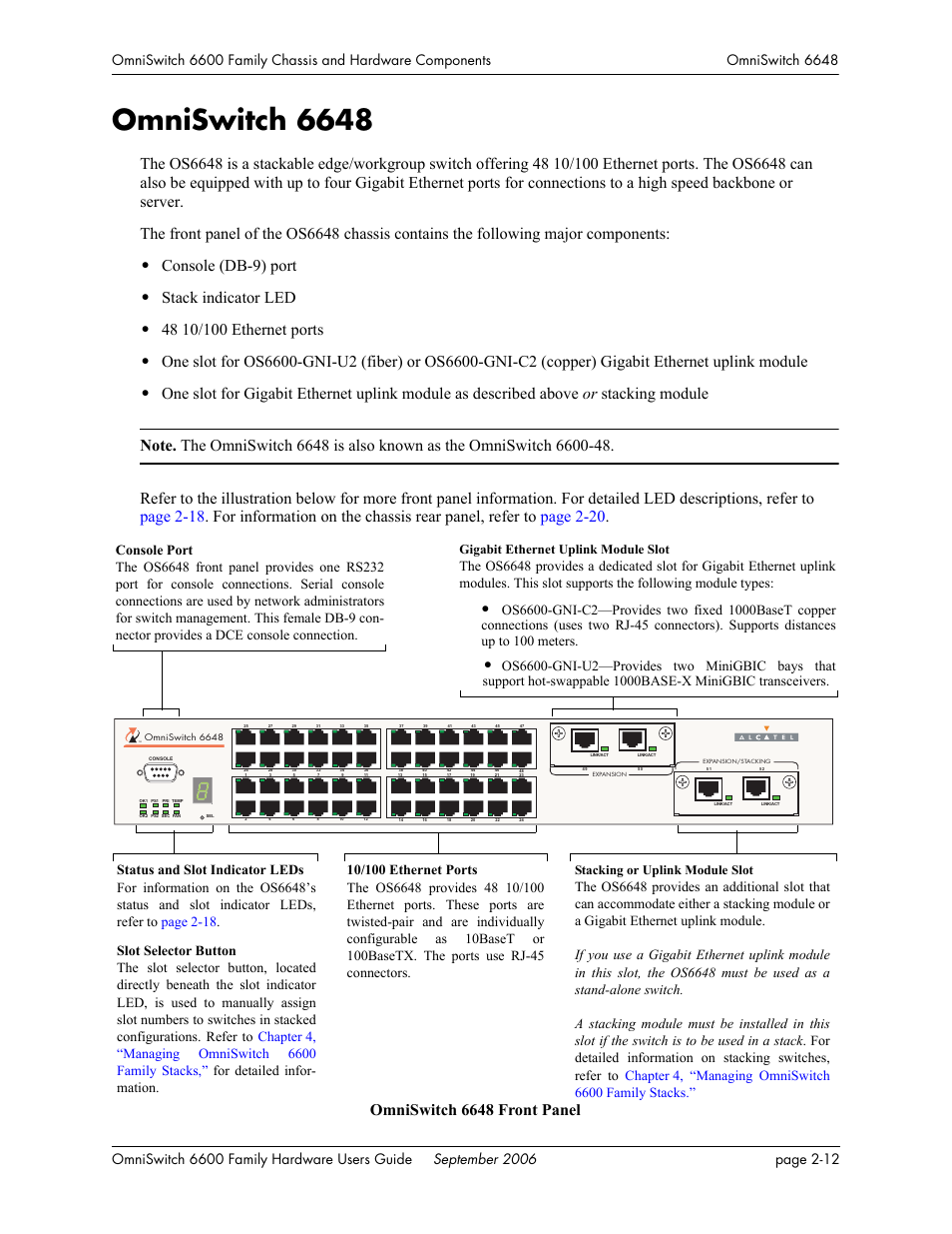 Omniswitch 6648, Omniswitch 6648 -12, Console (db-9) port | Stack indicator led, Stacking or uplink module slot, Gigabit ethernet uplink module slot | Alcatel-Lucent Omni 6600 User Manual | Page 36 / 144