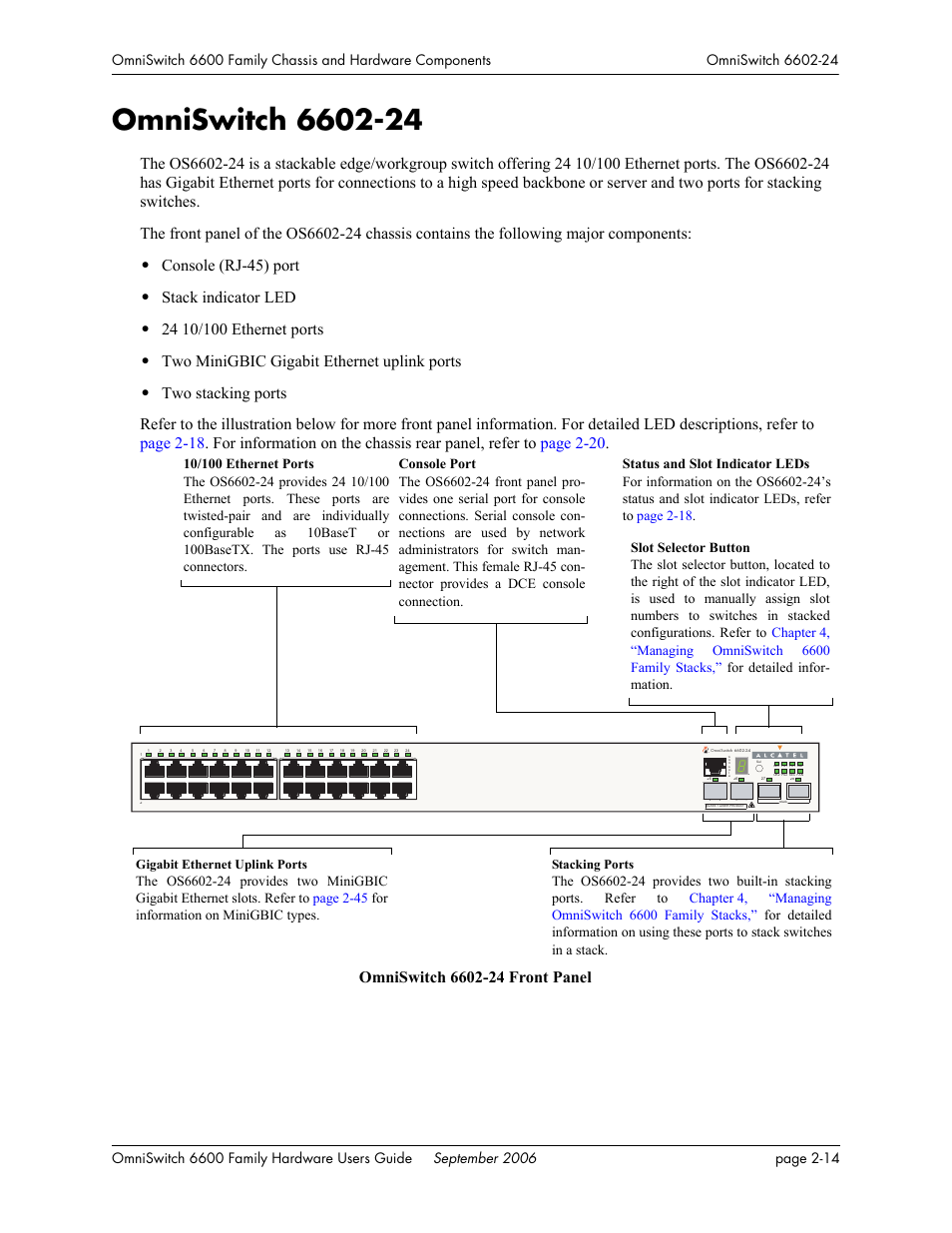 Omniswitch 6602-24, Omniswitch 6602-24 -14, Console (rj-45) port | Stack indicator led, Two minigbic gigabit ethernet uplink ports, Stacking ports, Gigabit ethernet uplink ports | Alcatel-Lucent Omni 6600 User Manual | Page 38 / 144