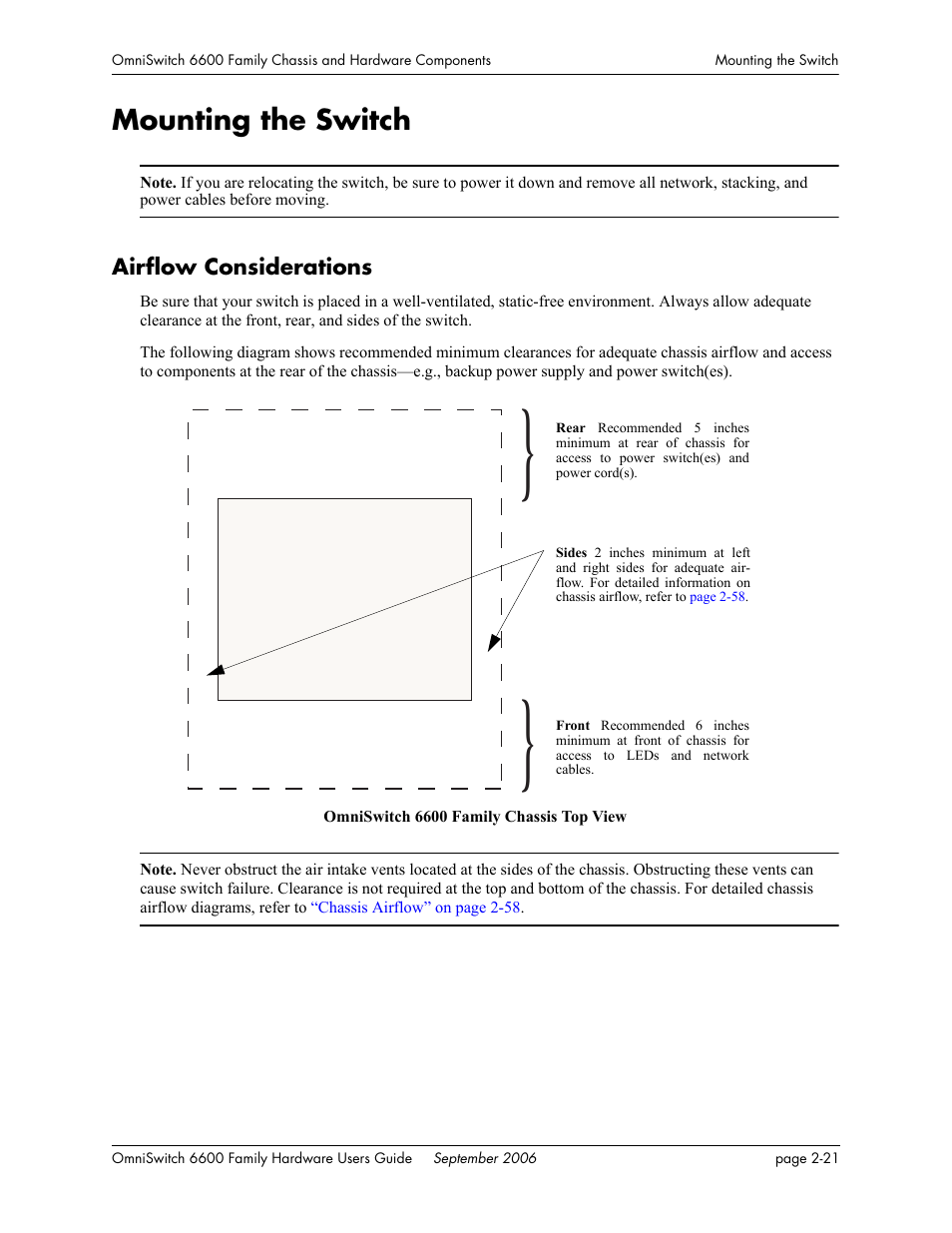 Mounting the switch, Airflow considerations, Mounting the switch -21 | Airflow considerations -21 | Alcatel-Lucent Omni 6600 User Manual | Page 45 / 144
