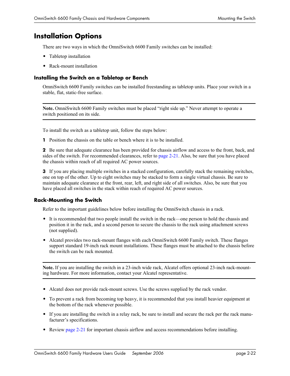 Installation options, Installing the switch on a tabletop or bench, Rack-mounting the switch | Installation options -22 | Alcatel-Lucent Omni 6600 User Manual | Page 46 / 144