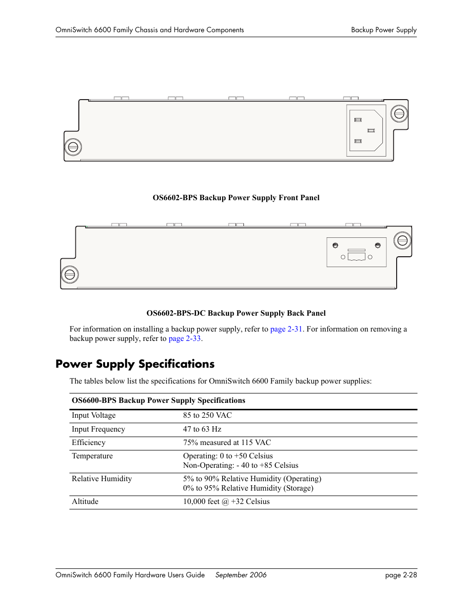 Power supply specifications, Power supply specifications -28 | Alcatel-Lucent Omni 6600 User Manual | Page 52 / 144