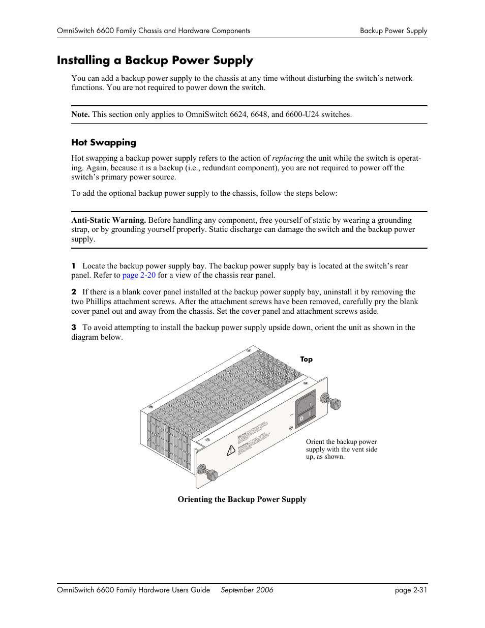 Installing a backup power supply, Installing a backup power supply -31, Hot swapping | Alcatel-Lucent Omni 6600 User Manual | Page 55 / 144