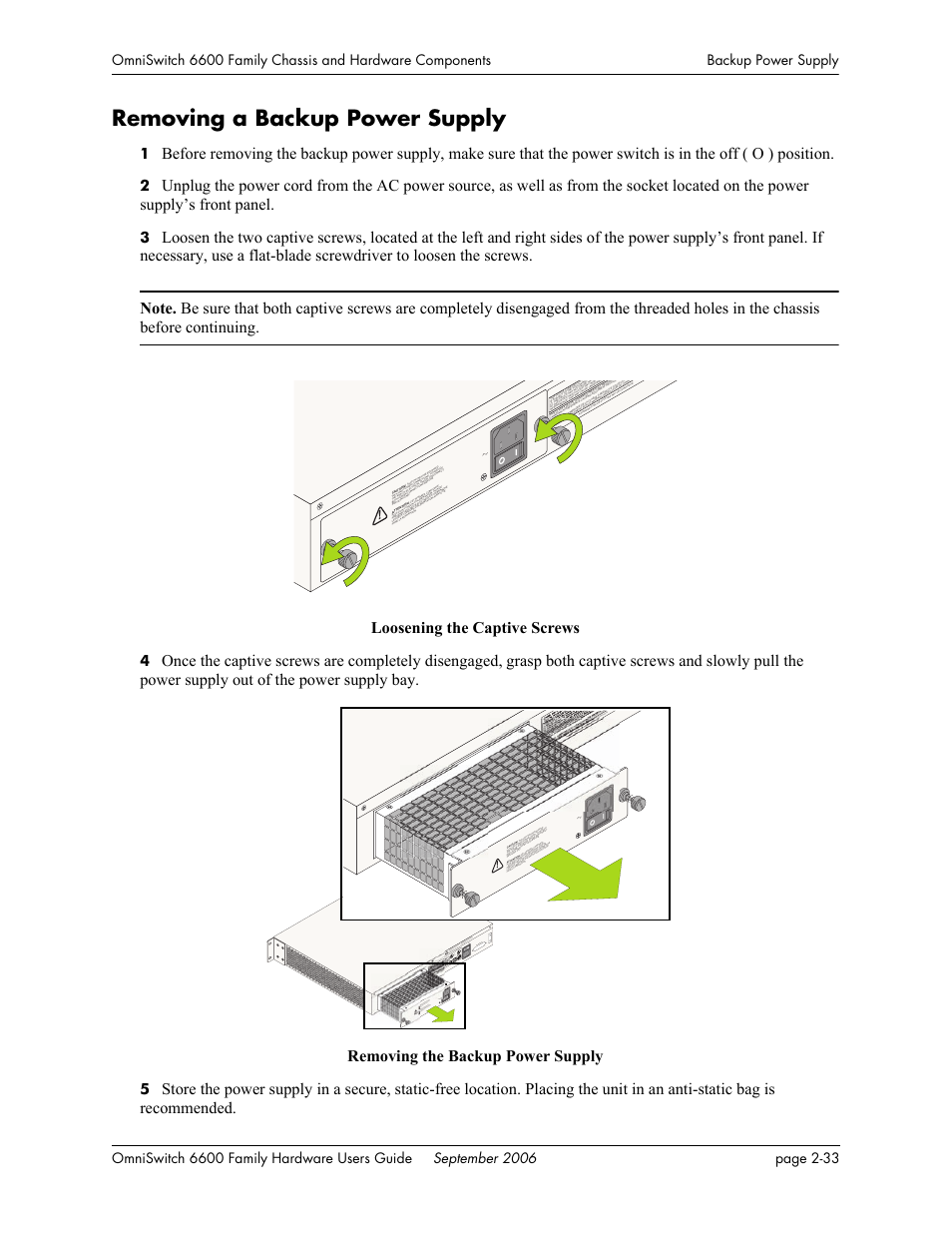 Removing a backup power supply, Removing a backup power supply -33, Backup power supply, refer to | Alcatel-Lucent Omni 6600 User Manual | Page 57 / 144