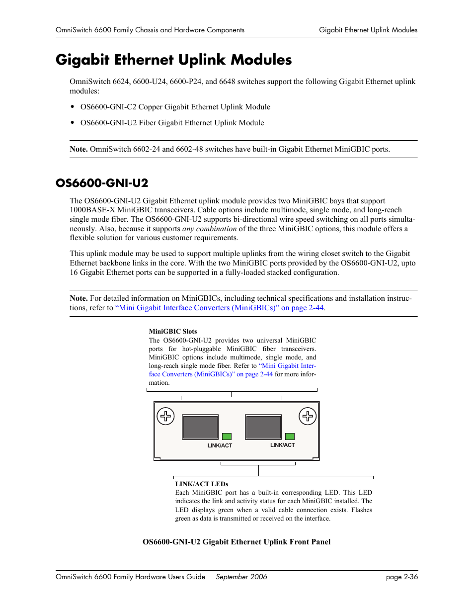 Gigabit ethernet uplink modules, Os6600-gni-u2, Gigabit ethernet uplink modules -36 | Os6600-gni-u2 -36, Module leds, refer to | Alcatel-Lucent Omni 6600 User Manual | Page 60 / 144