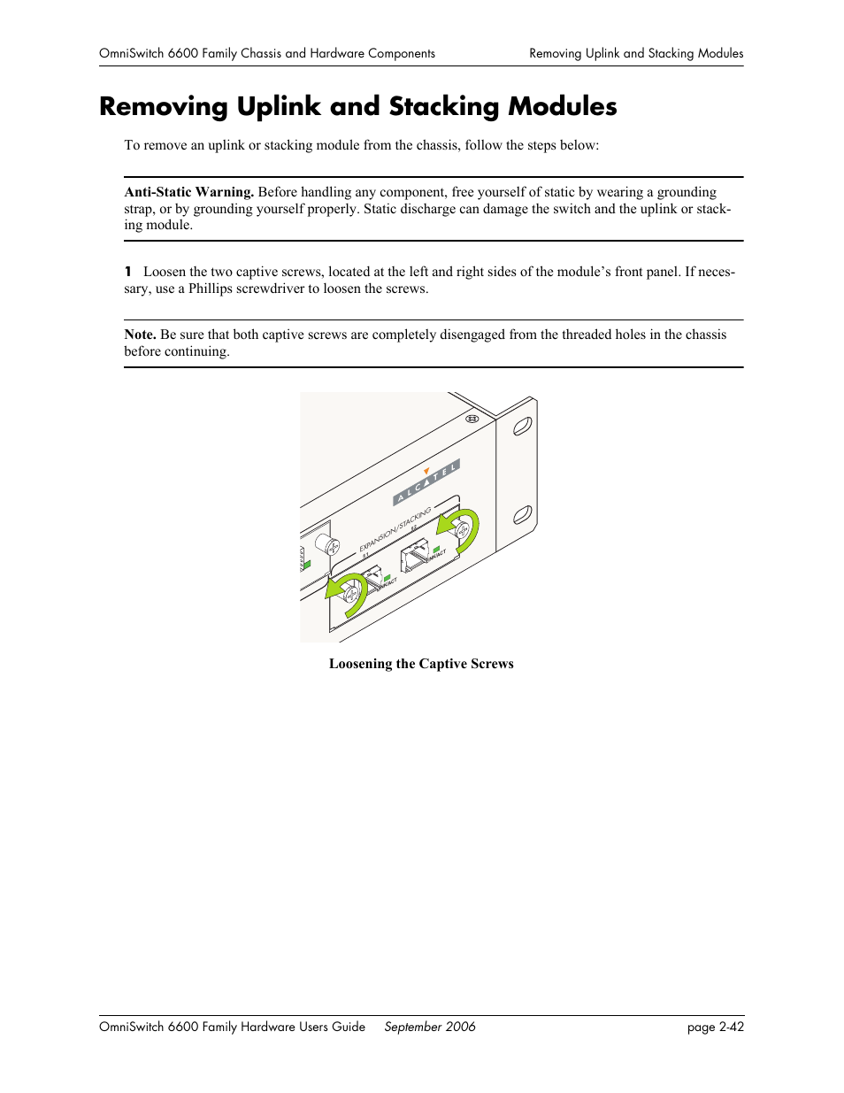 Removing uplink and stacking modules, Removing uplink and stacking modules -42 | Alcatel-Lucent Omni 6600 User Manual | Page 66 / 144