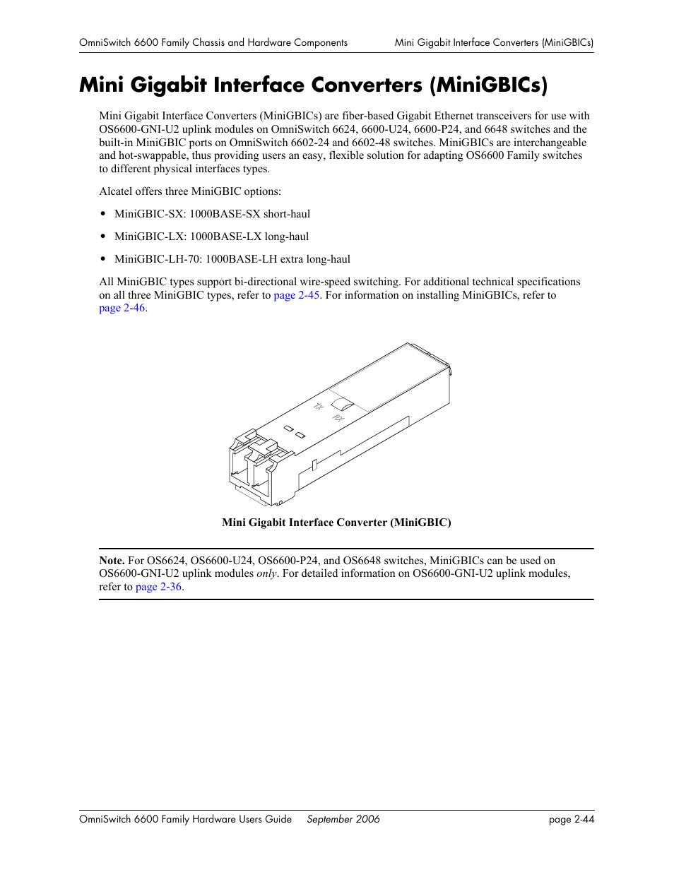 Mini gigabit interface converters (minigbics), Mini gigabit interface converters (minigbics) -44, Tions, refer to | Refer to, Mini gigabit inter | Alcatel-Lucent Omni 6600 User Manual | Page 68 / 144