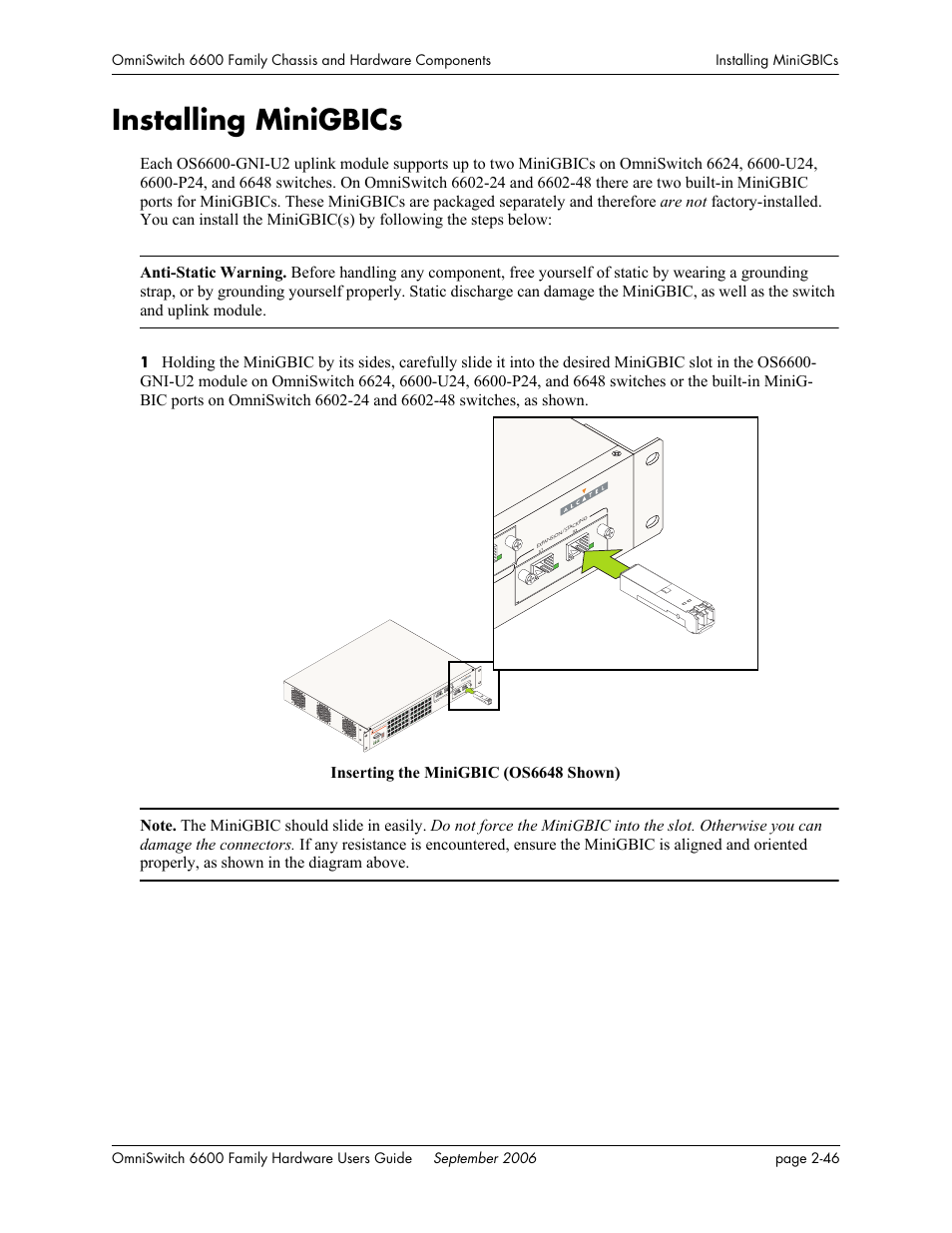 Installing minigbics, Installing minigbics -46 | Alcatel-Lucent Omni 6600 User Manual | Page 70 / 144