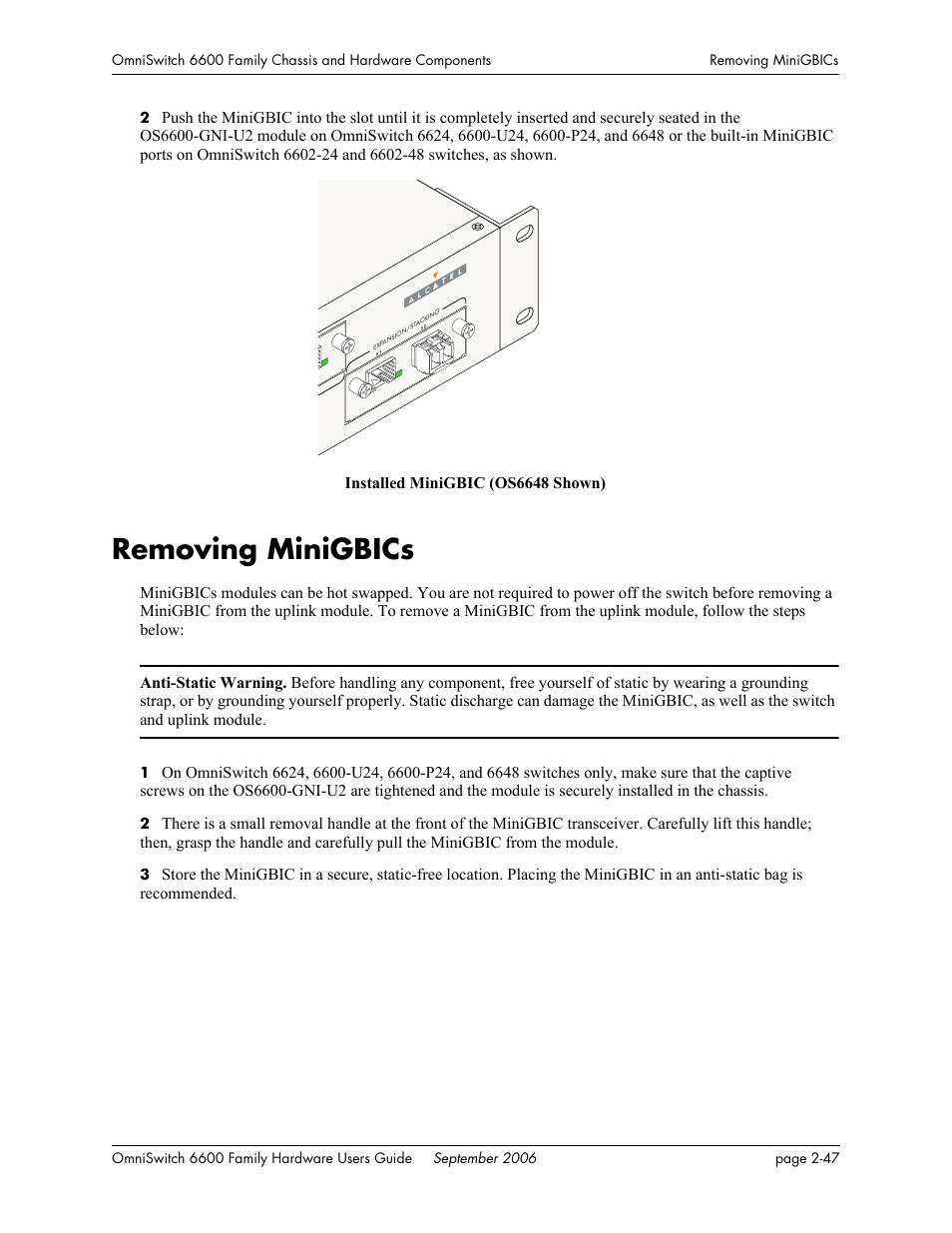 Removing minigbics, Removing minigbics -47 | Alcatel-Lucent Omni 6600 User Manual | Page 71 / 144