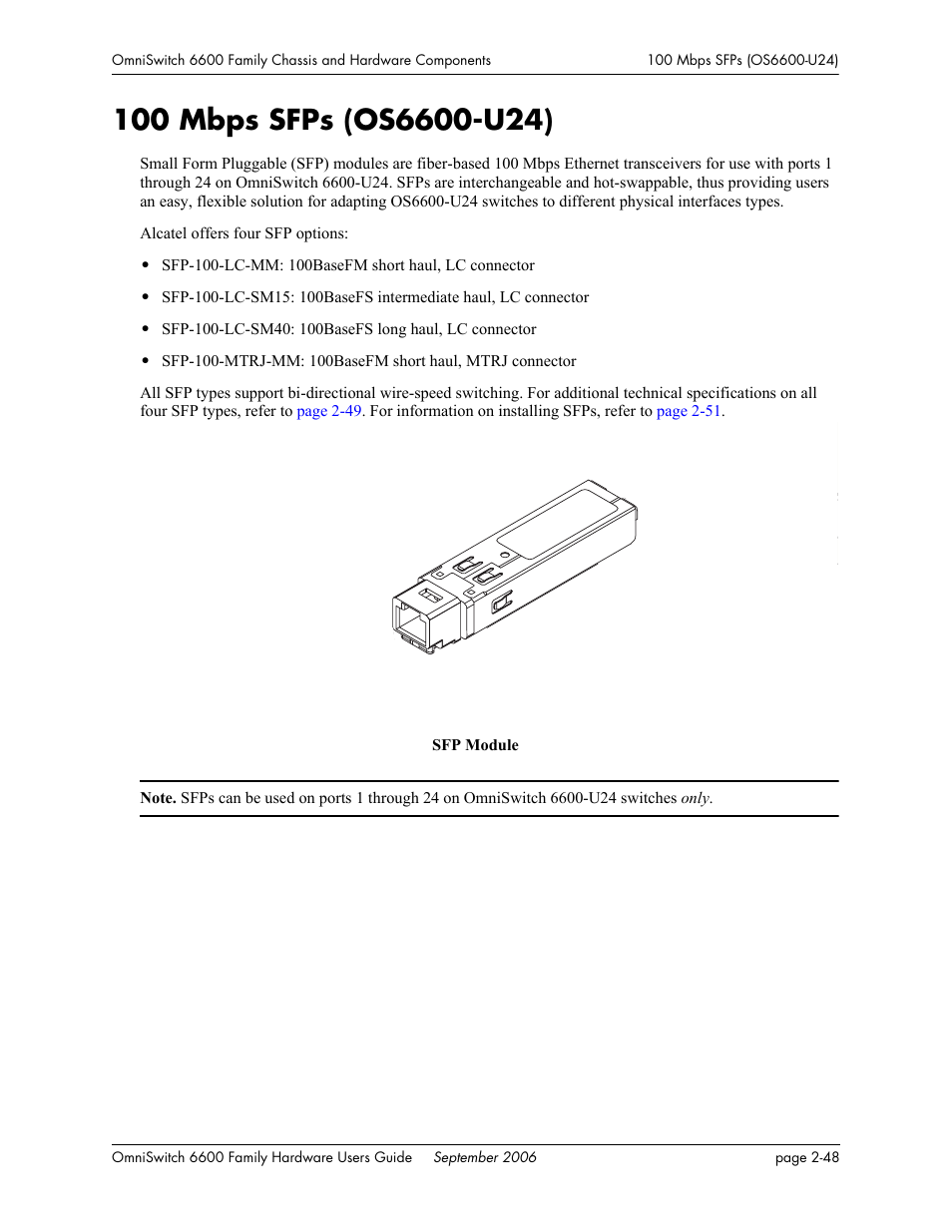 100 mbps sfps (os6600-u24), 100 mbps sfps (os6600-u24) -48 | Alcatel-Lucent Omni 6600 User Manual | Page 72 / 144