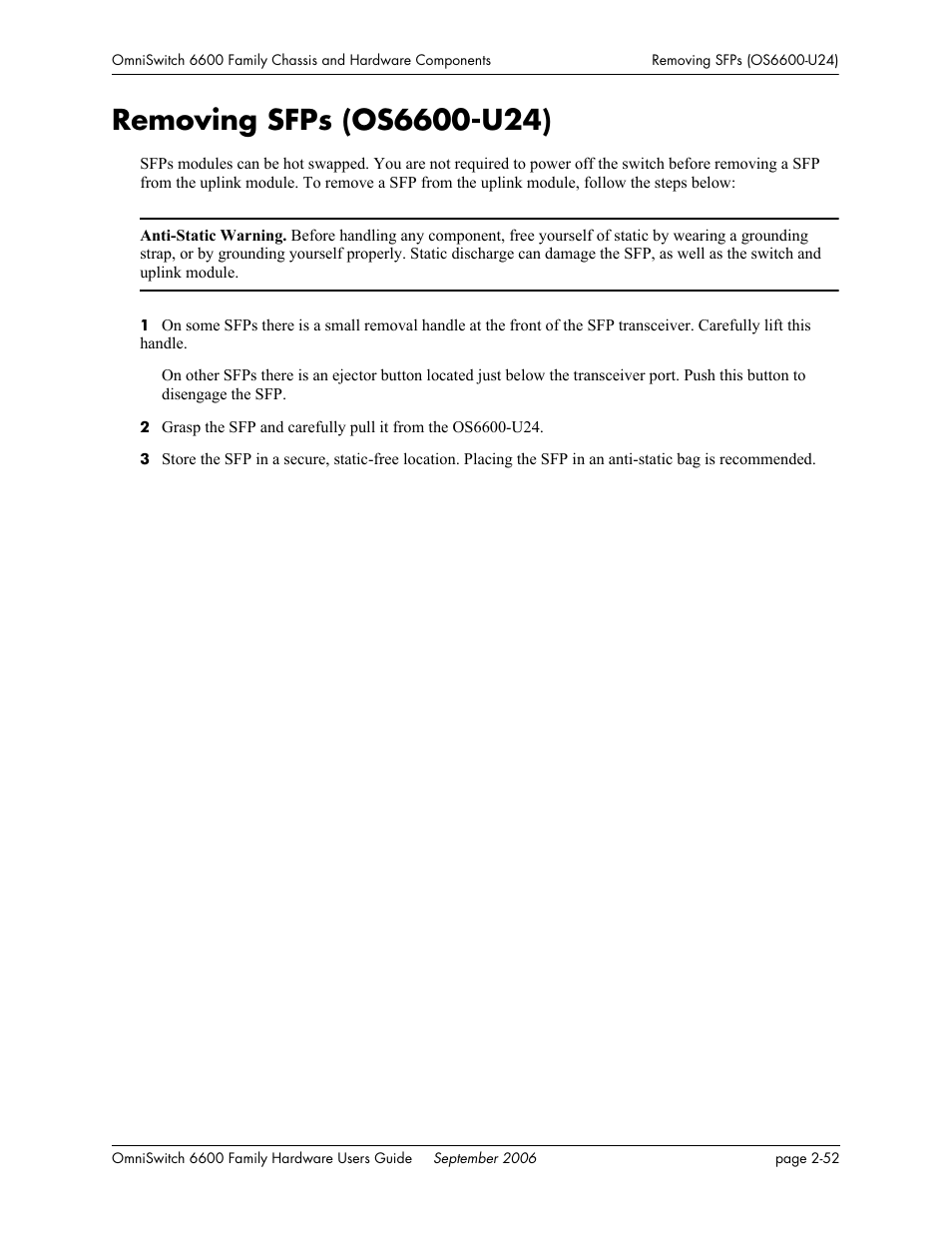 Removing sfps (os6600-u24), Removing sfps (os6600-u24) -52 | Alcatel-Lucent Omni 6600 User Manual | Page 76 / 144