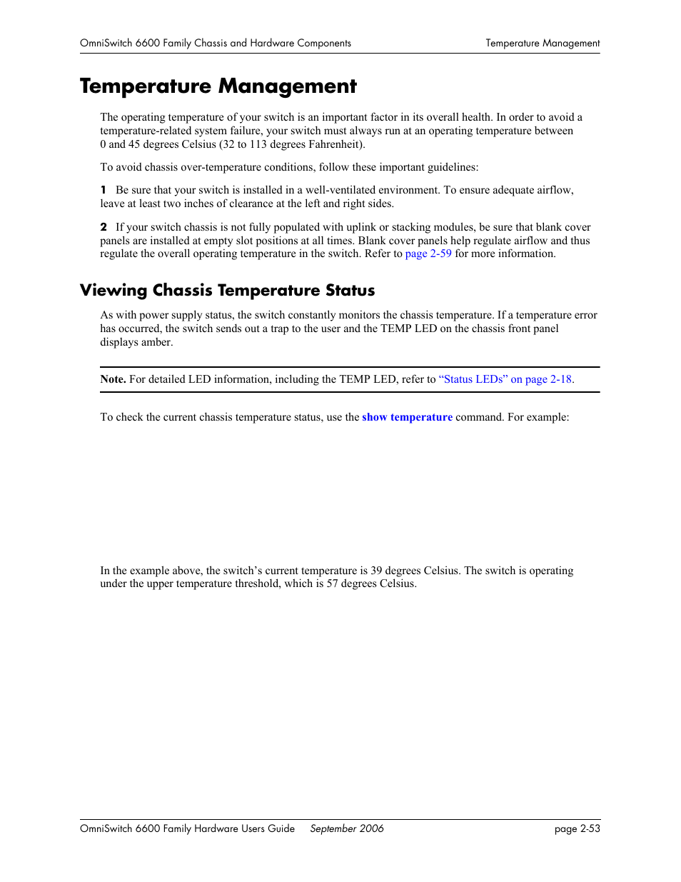 Temperature management, Viewing chassis temperature status, Temperature management -53 | Viewing chassis temperature status -53 | Alcatel-Lucent Omni 6600 User Manual | Page 77 / 144