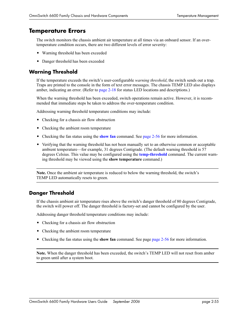 Temperature errors, Warning threshold, Danger threshold | Temperature errors -55, Warning threshold - 55 danger threshold - 55 | Alcatel-Lucent Omni 6600 User Manual | Page 79 / 144