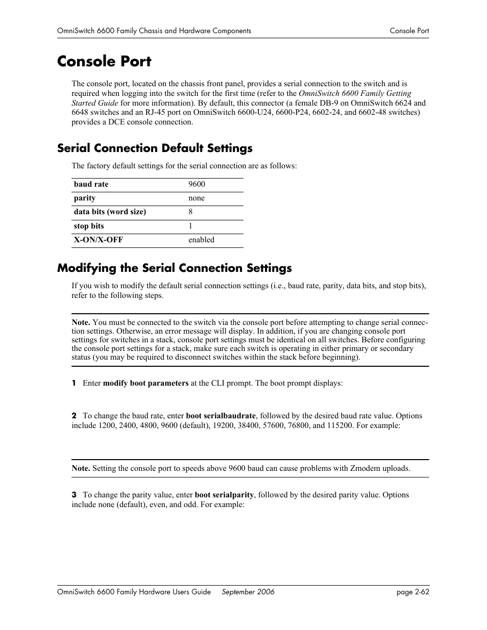 Console port, Serial connection default settings, Modifying the serial connection settings | Console port -62 | Alcatel-Lucent Omni 6600 User Manual | Page 86 / 144