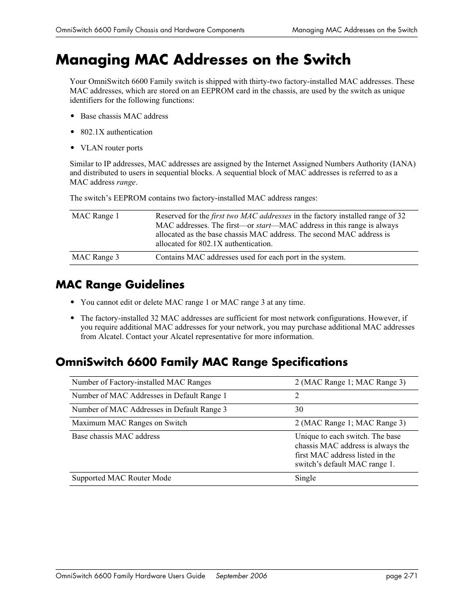 Managing mac addresses on the switch, Mac range guidelines, Omniswitch 6600 family mac range specifications | Managing mac addresses on the switch -71 | Alcatel-Lucent Omni 6600 User Manual | Page 95 / 144