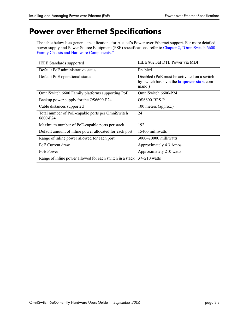 Power over ethernet specifications, Power over ethernet specifications -3, Ions on | Alcatel-Lucent Omni 6600 User Manual | Page 99 / 144