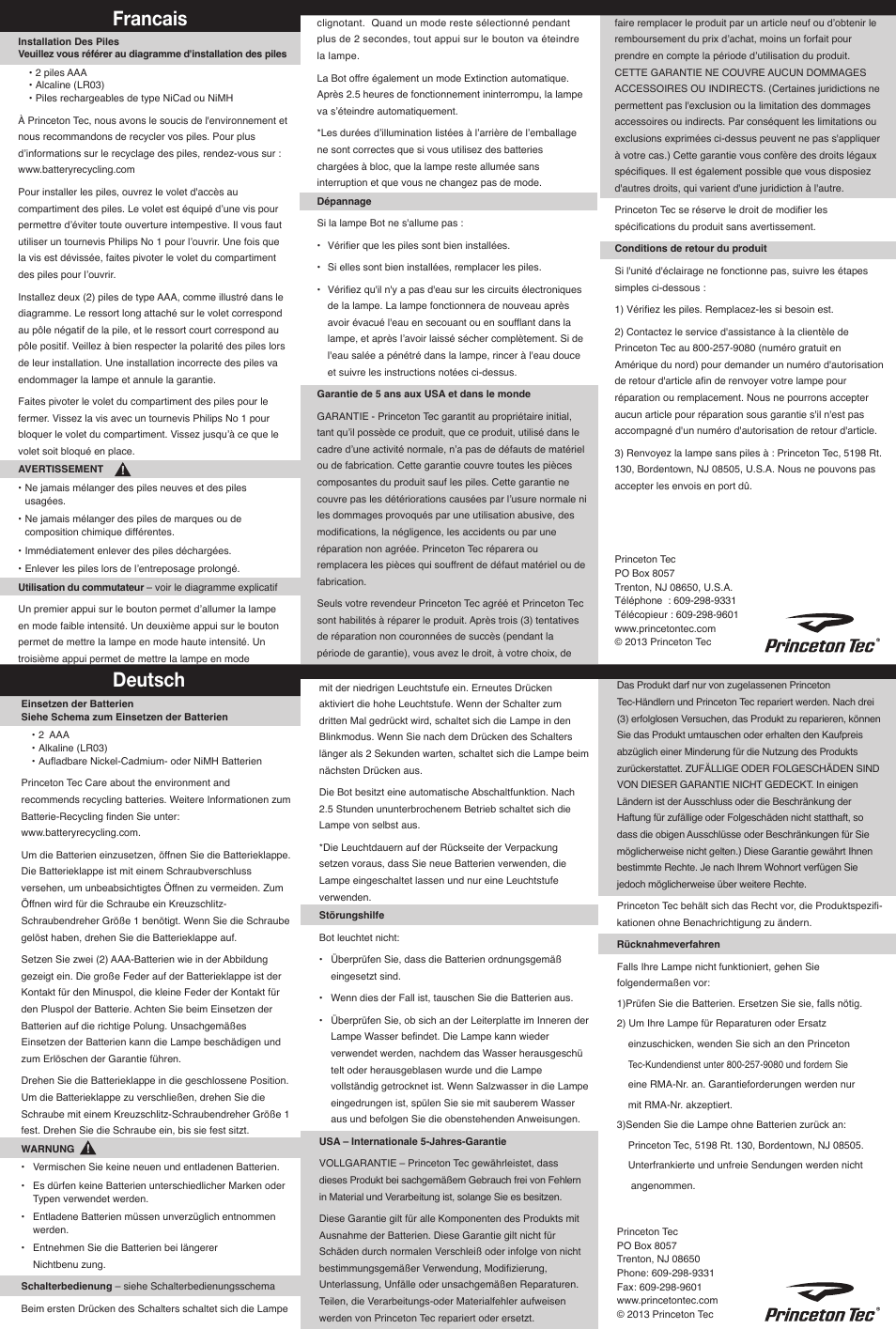 Francais deutsch | Princeton Tec BOT User Manual | Page 2 / 2