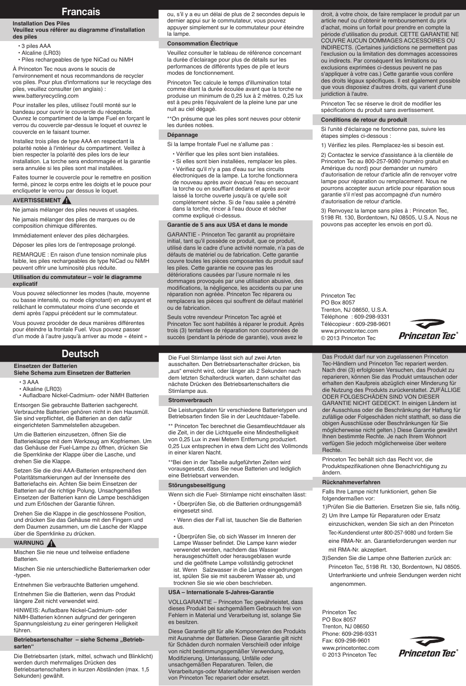 Francais deutsch | Princeton Tec FUEL User Manual | Page 2 / 2