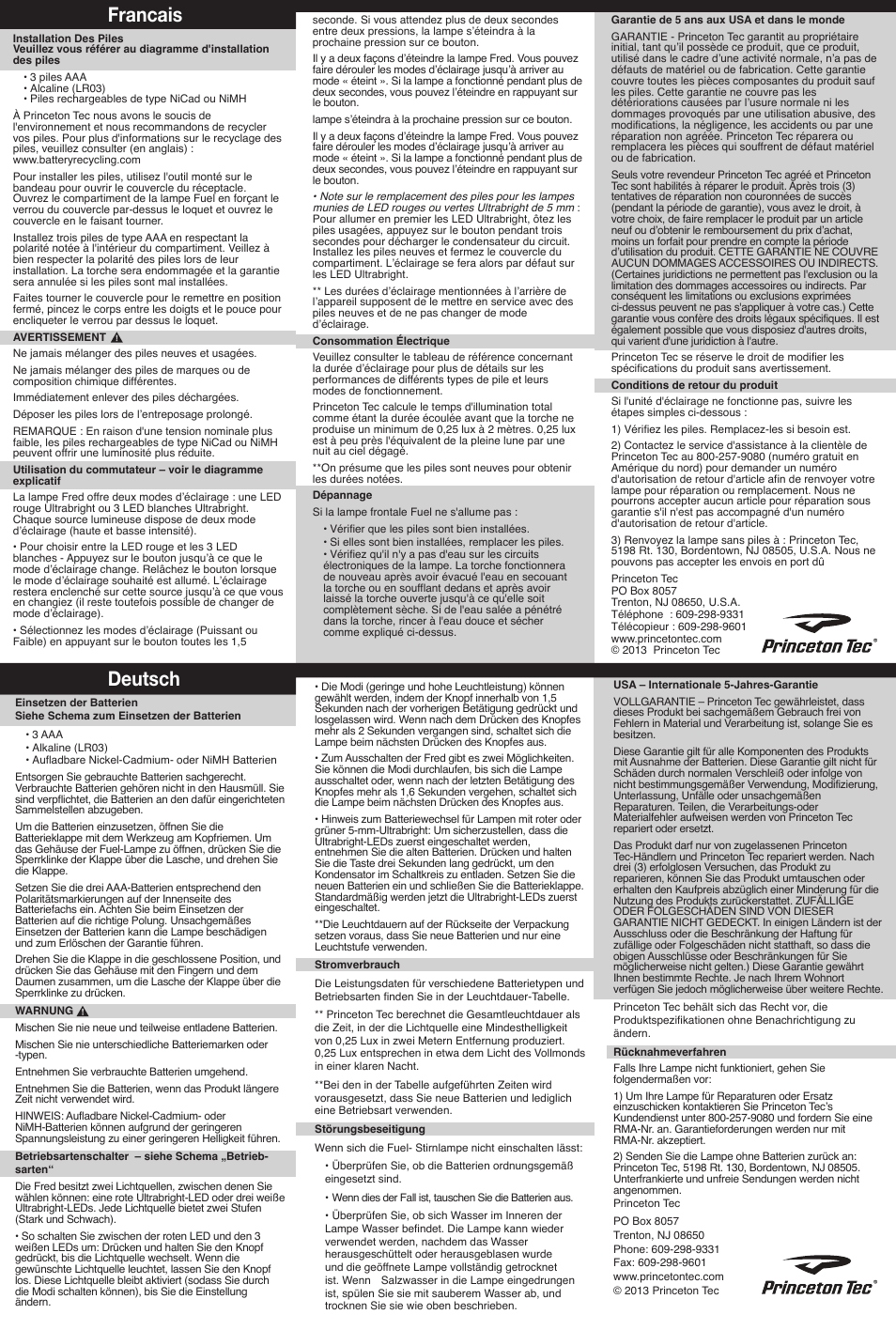 Francais deutsch | Princeton Tec FRED User Manual | Page 2 / 2