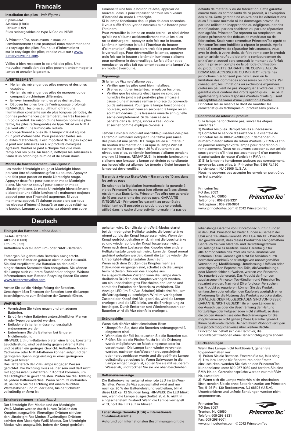Francais deutsch | Princeton Tec VIZZ User Manual | Page 2 / 2