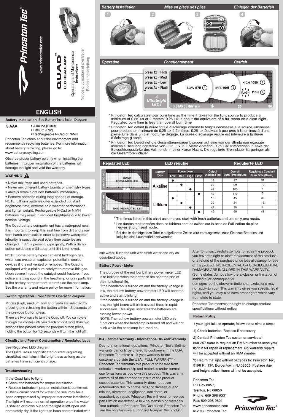 Princeton Tec QUAD User Manual | 2 pages