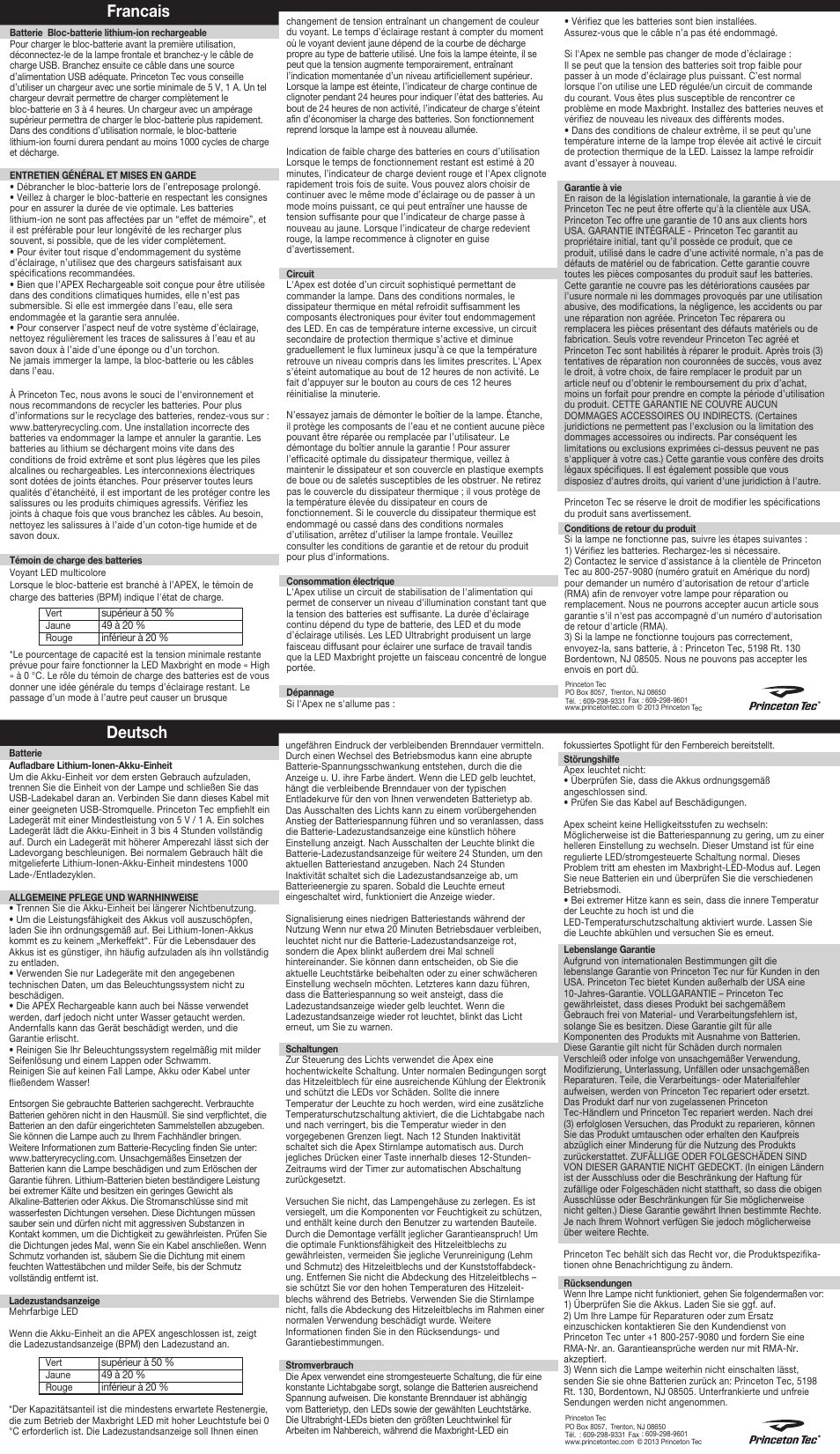 Deutsch francais | Princeton Tec APEX RECHARGEABLE User Manual | Page 2 / 2