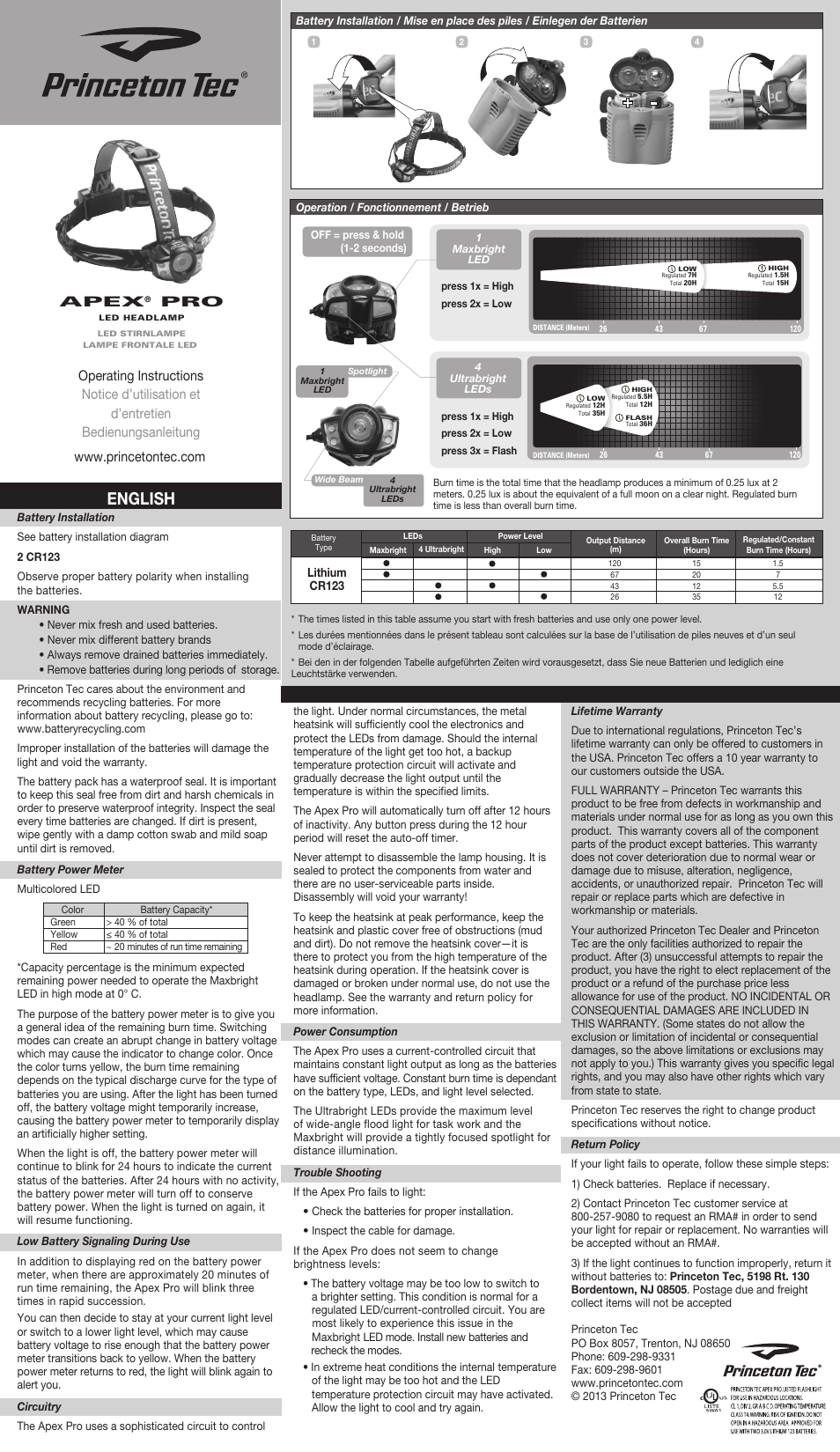 Princeton Tec APEX PRO User Manual | 2 pages